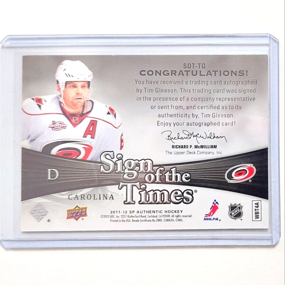 Tim Gleason Upper Deck SP Authentic Sign of the Times 2011/12 Hurricanes - Picture 2 of 2